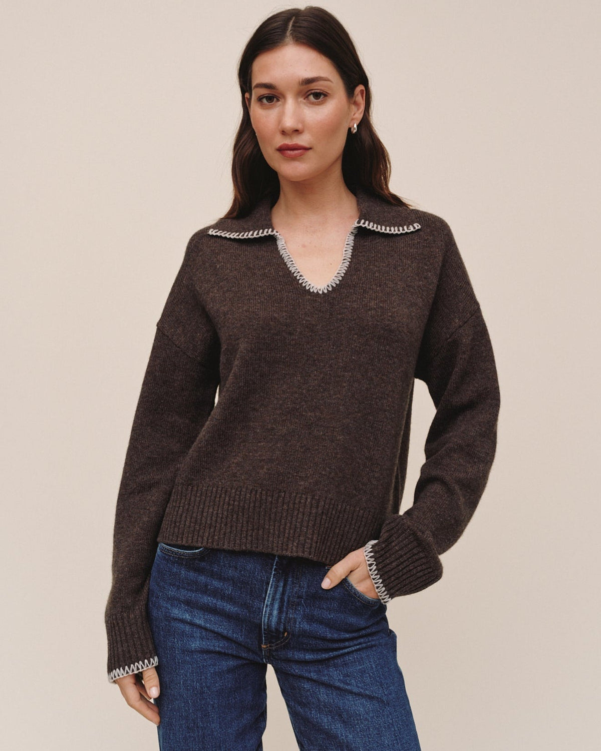 Contrast Trimmed Sweater - Dark Mink