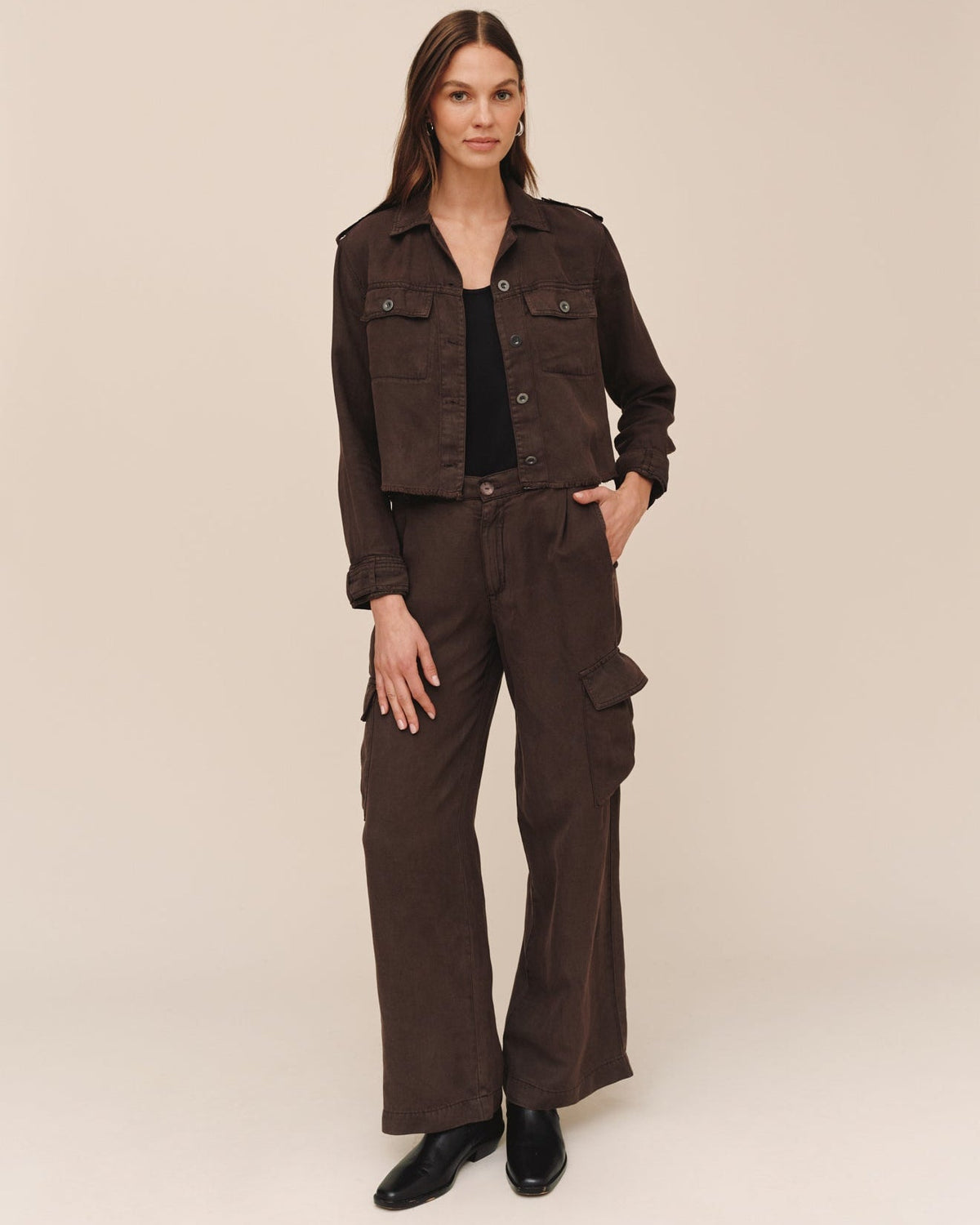 Cropped Utility Jacket With Fray Hem - Dark Roast