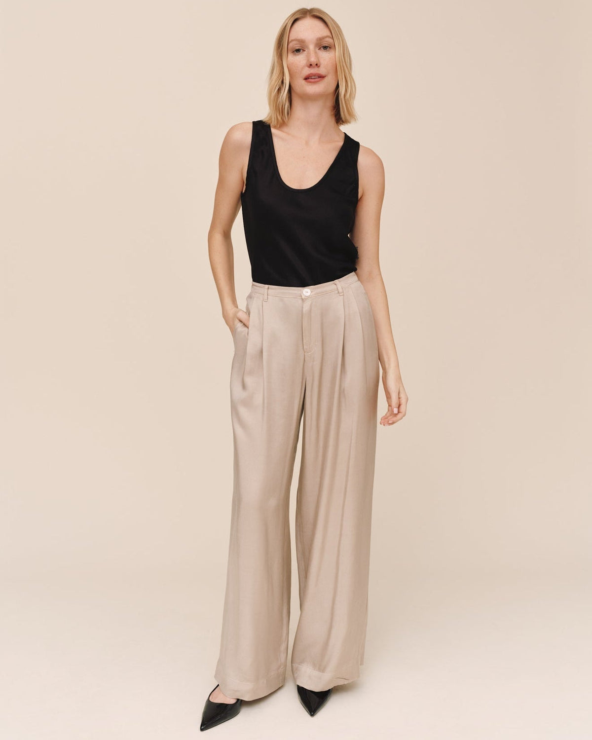 Double Pleat Wide Leg With Elastic Back - Field Khaki